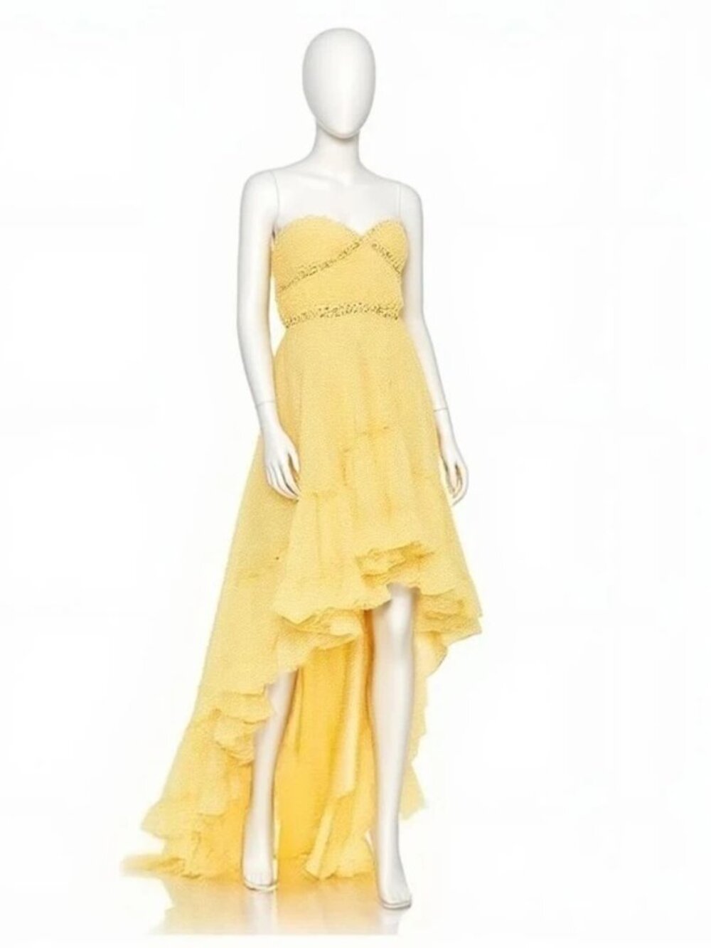 Mac Duggal Elegant Lemon Yellow Beaded High-Low Ruffle Gown NWT - Picture 2 of 4